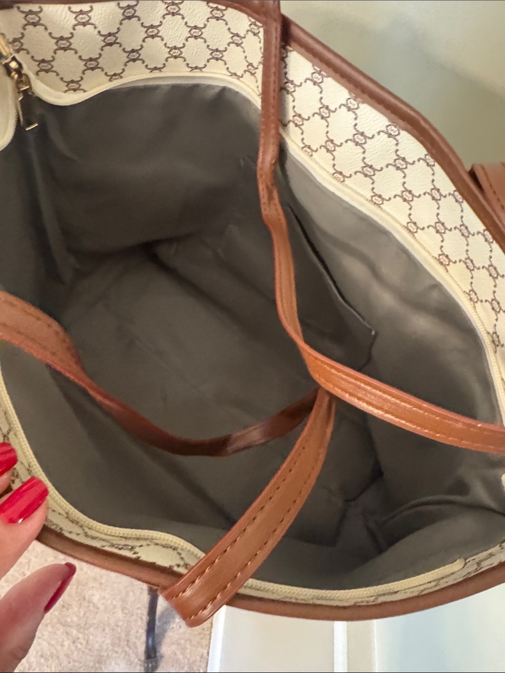 Cream and Brown Patterned Tote Bag with Brown Trim - Picture 2 of 4
